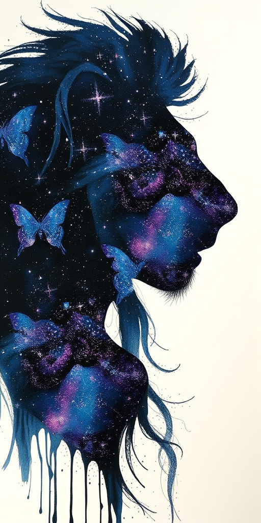 Captivating conceptual render alcohol ink art, double exposure, the paint strokes artfully merge combining a woman's full silhouette with a Ladybug crawl's silhouette. The figures are composed of a series of colored dots, lines & spots that evoke the image of a cosmic galaxy, colors are deep shades of blue purple & black with flashes of white & silver representing distant stars. The woman's silhouette is formed within the lion's silhouette from constellations of scattered stars, surreal