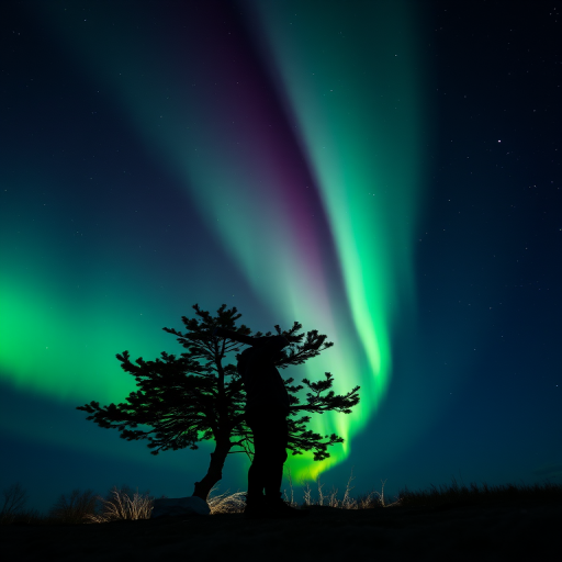 a silhouette of a person standing with a flashlight under a vibrant aurora borealis at night, a solitary tree in the foreground, captured with a Canon EOS R5, 24mm lens, f/2.8 aperture, ISO 1600, 15-second exposure, wide-angle view, long exposure photography style