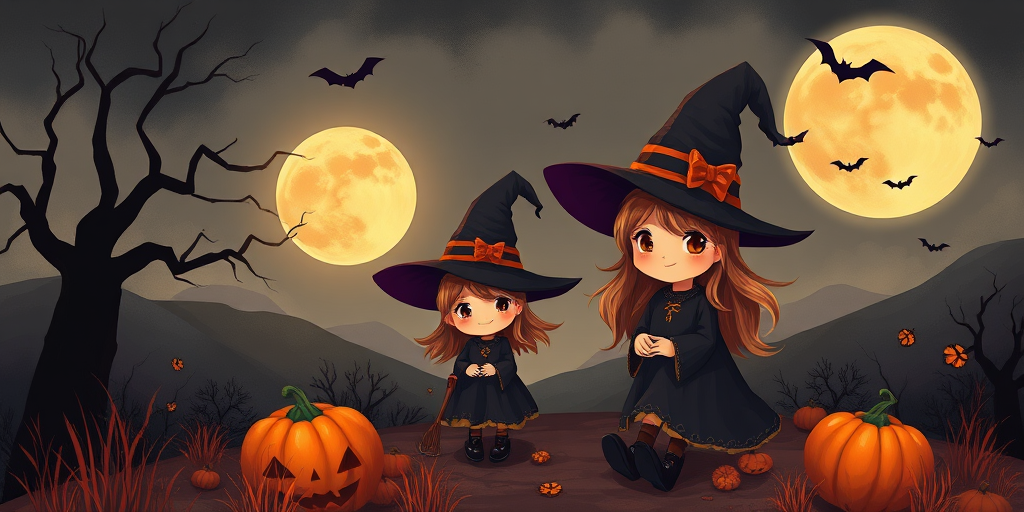 Create a Halloween-themed illustration featuring two cute witches in a spooky landscape with a full moon, add details like a pumpkin and bats, use a warm orange color palette, set the camera to f/2.8 aperture, ISO 100, 50mm lens, top-down view, using a digital painting style.