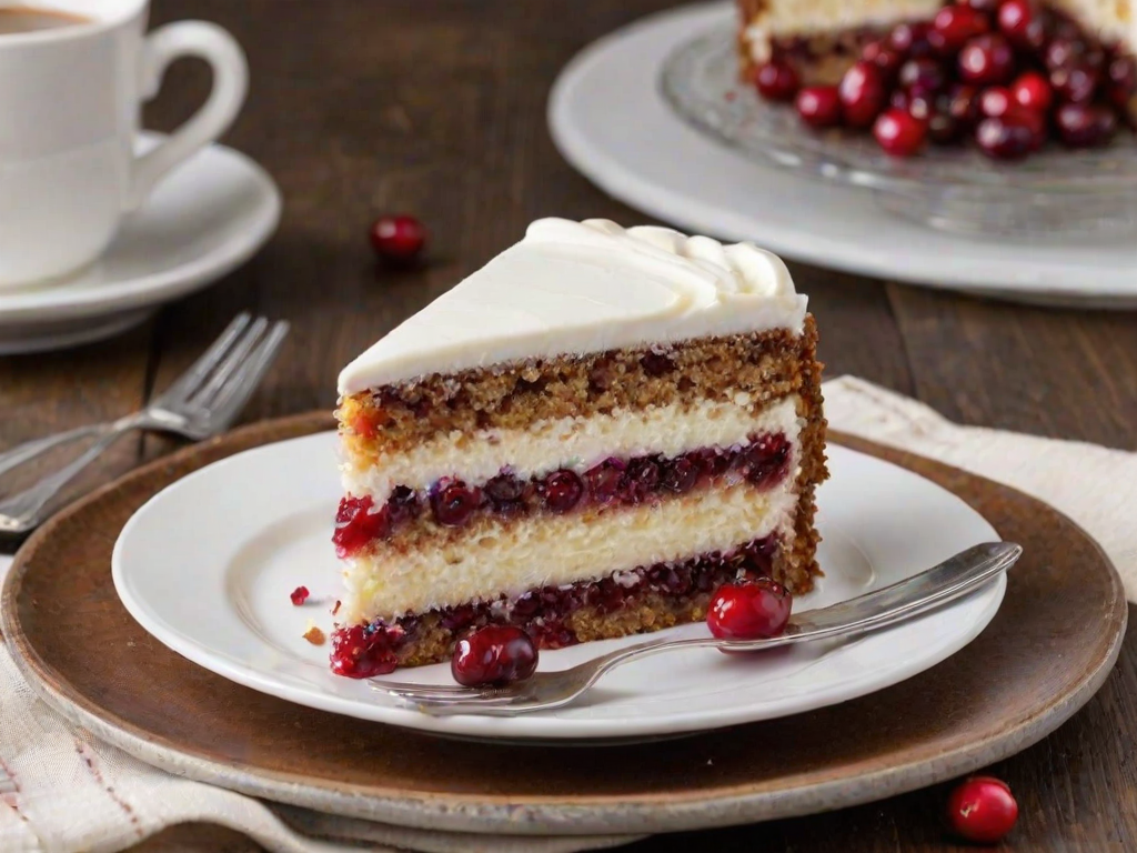 Generate an image of a slice of layered cake with white frosting and a filling of cranberries. The cake should have a smooth, elegant finish and be topped with a generous amount of sugared cranberries. Place the slice on a decorative white plate with a fork beside it. The background should be simple and inviting to emphasize the cake.