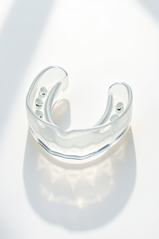 Generate a high-resolution image of a transparent dental mouthguard on a clean backdrop, using a Canon EOS R5 camera, 50mm lens, f/2.8 aperture, ISO 100, and natural lighting to enhance clarity and detail.