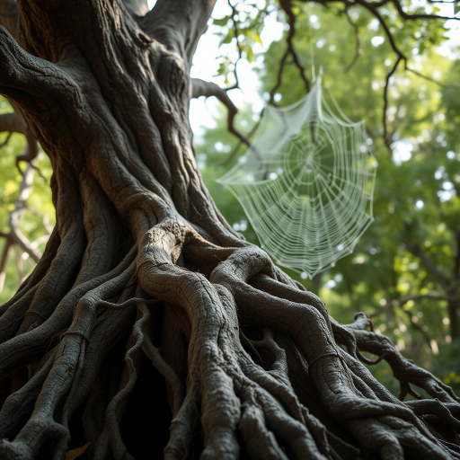 Generate an image of a gnarled tree with intricate roots and a spider web in the background, using a DSLR camera with a 50mm lens, aperture f/2.8, ISO 100, shot from a low angle to emphasize the tree's height and intricacy, in soft natural light to enhance the textures and details.