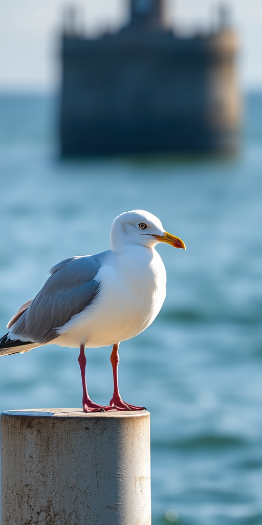 a close-up of a seagull perched on a post near the ocean, natural lighting, shallow depth of field, aperture f/4, ISO 100, shutter speed 1/500s, taken with a DSLR camera with a 50mm lens, clear focus on the bird with a blurred background