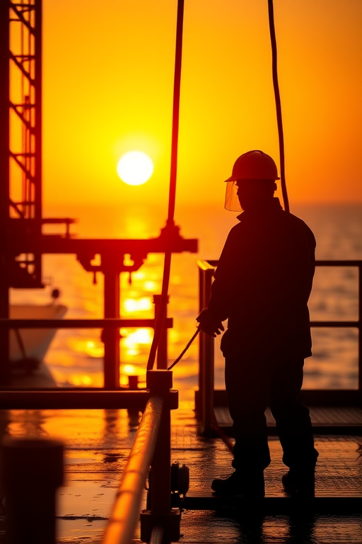 sunset scene of a worker on an oil rig silhouetted against the golden sun with reflections on wet surfaces, shot with a Canon EOS R5, 50mm lens, f/1.8, ISO 100, 1/500s, warm color grading, shallow depth of field, high dynamic range for enhanced detail
