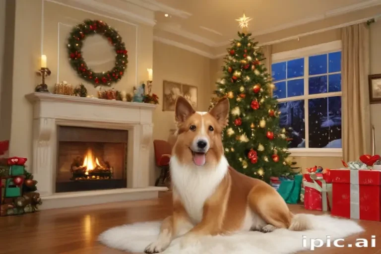 Cozy Holiday Scene with a Dog by the Christmas Tree