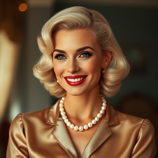 A beautiful Creole woman reminiscent of 1950s Hollywood glamour, with perfectly styled blonde hair and a seductive smile, dressed in a satin blouse and adorned with pearls, soft and warm tones, photorealistic, 8K