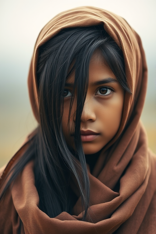 Create a portrait of a young Cambodian male with long, dark hair and captivating hazel eyes. She is wearing a brown headscarf and a matching scarf draped gracefully around her neck. The background is softly blurred, focusing attention on her serene and natural expression. The overall color palette is muted and warm, enhancing the intimate and authentic feel of the portrait.