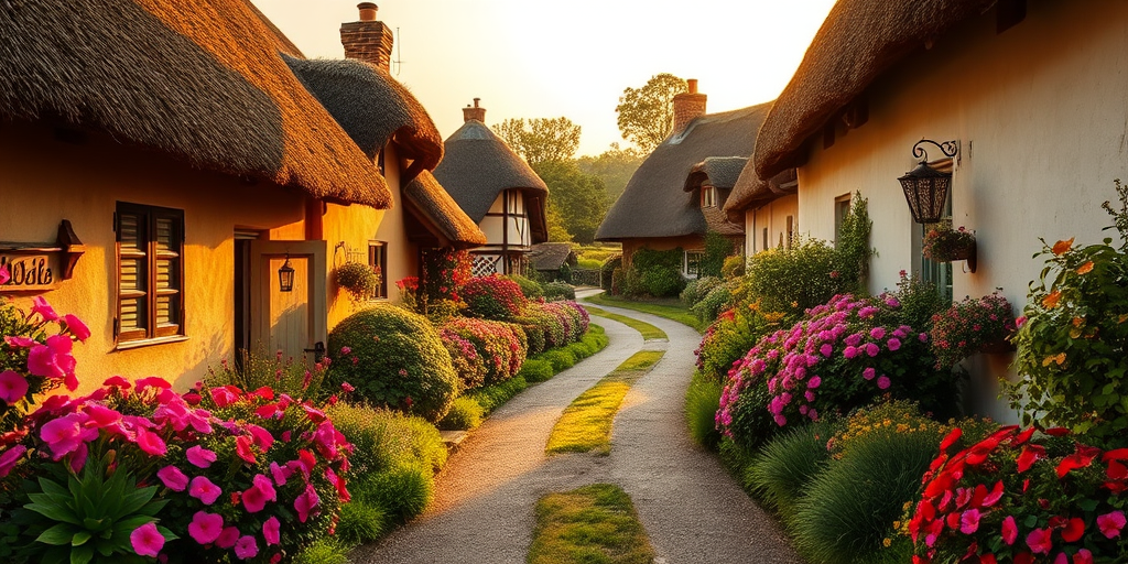 A serene village pathway winding between charming thatched-roof cottages adorned with vibrant blooming flowers, captured at golden hour with a DSLR camera, aperture f/8, shutter speed 1/125 sec, ISO 200, using a wide-angle lens.