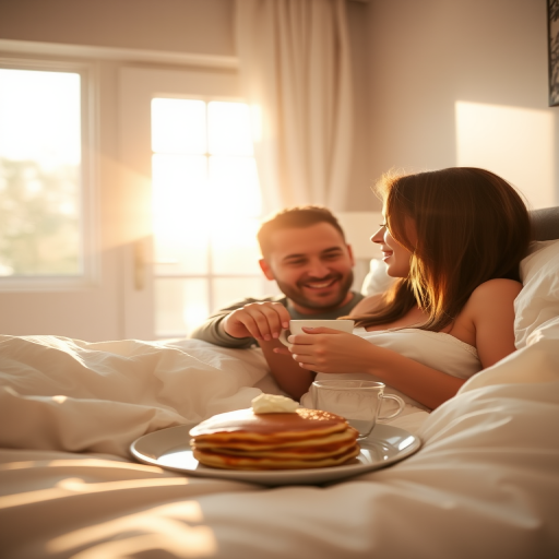 Warmly lit image of a couple sharing a cozy breakfast in bed, soft sunlight streaming through a nearby window, with the smell of freshly brewed coffee and pancakes in the air.