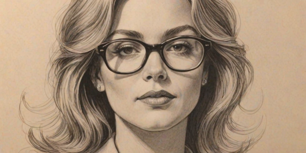 Resplendent Edi Patterson, pencil sketch, portrait of Magnificent woman 1977s in glasses, hair style beatnik, outline, clear lines, fine lines, 8k