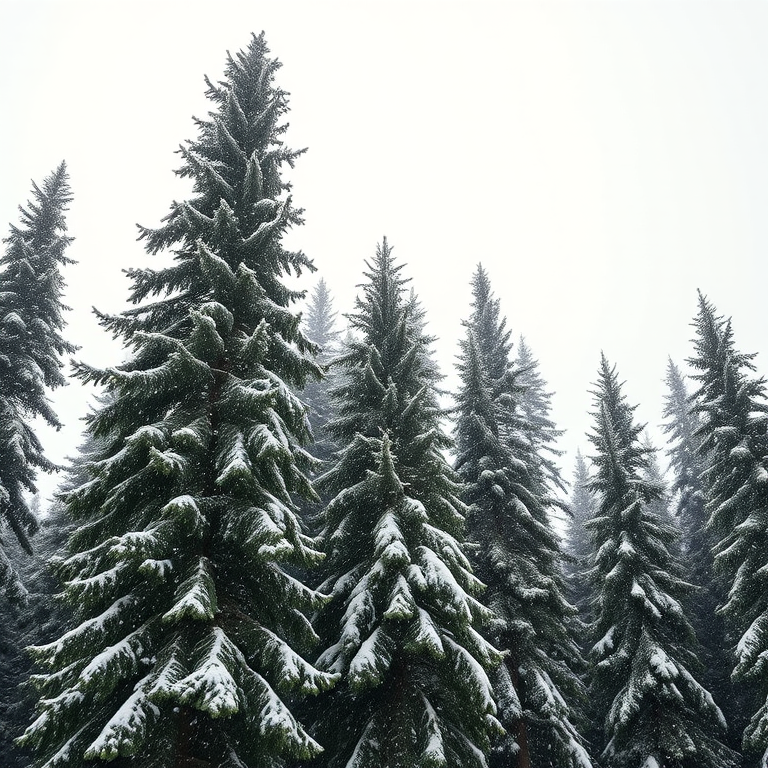 snowy landscape with tall evergreen trees, soft falling snowflakes, overcast sky, wide-angle view, f/8 aperture, 1/125 sec shutter speed, ISO 200, DSLR camera, natural light