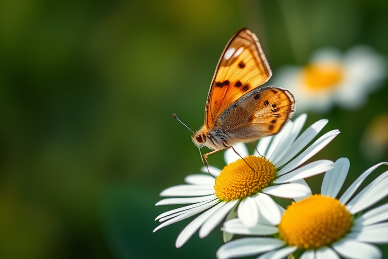 macro shot of a butterfly perched on a daisy flower, soft focus background, f/2.8 aperture, 1/250 sec shutter speed, ISO 200, 50mm lens, natural lighting, shallow depth of field, DSLR camera