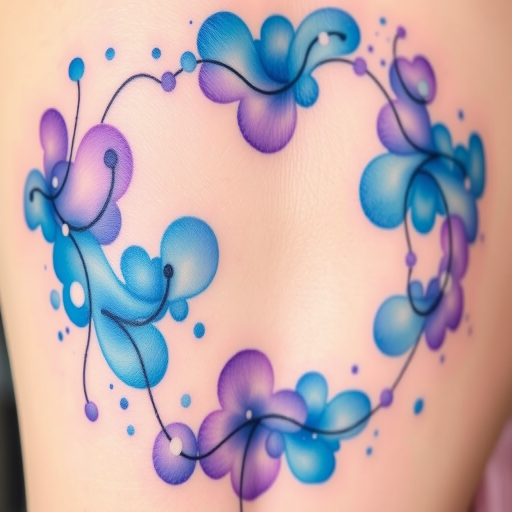 Vibrant watercolor splashes form an intricate "Aquarelle Dream" tattoo, blending soothing blues and purples with delicate linework, creating a dreamy and ethereal appearance on the skin