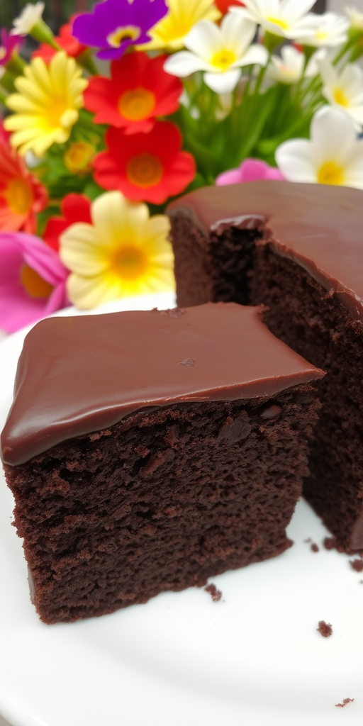 A rich and moist chocolate cake with a glossy dark chocolate frosting, a slice cut to reveal its soft texture, displayed on a white plate with colorful flowers in the background.