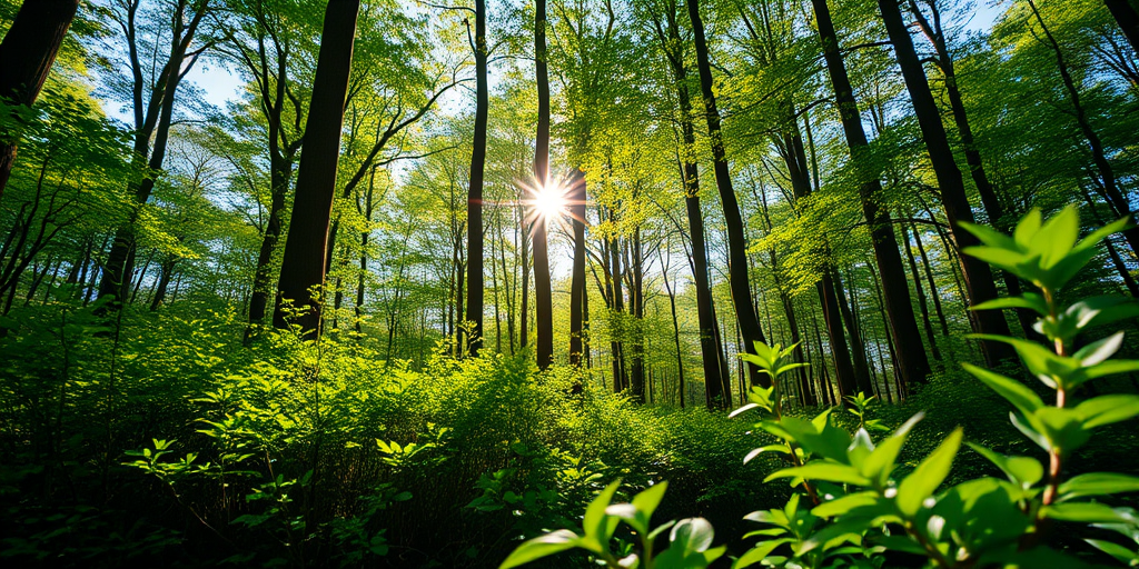 Create a high-resolution image of a tranquil forest scene with sunlight filtering through the trees, use a Canon EOS R5 camera, aperture f/2.8, ISO 200, shutter speed 1/125s, captured from a low angle to enhance depth, focusing on vibrant green foliage and soft shadows, with a shallow depth of field for an artistic effect.