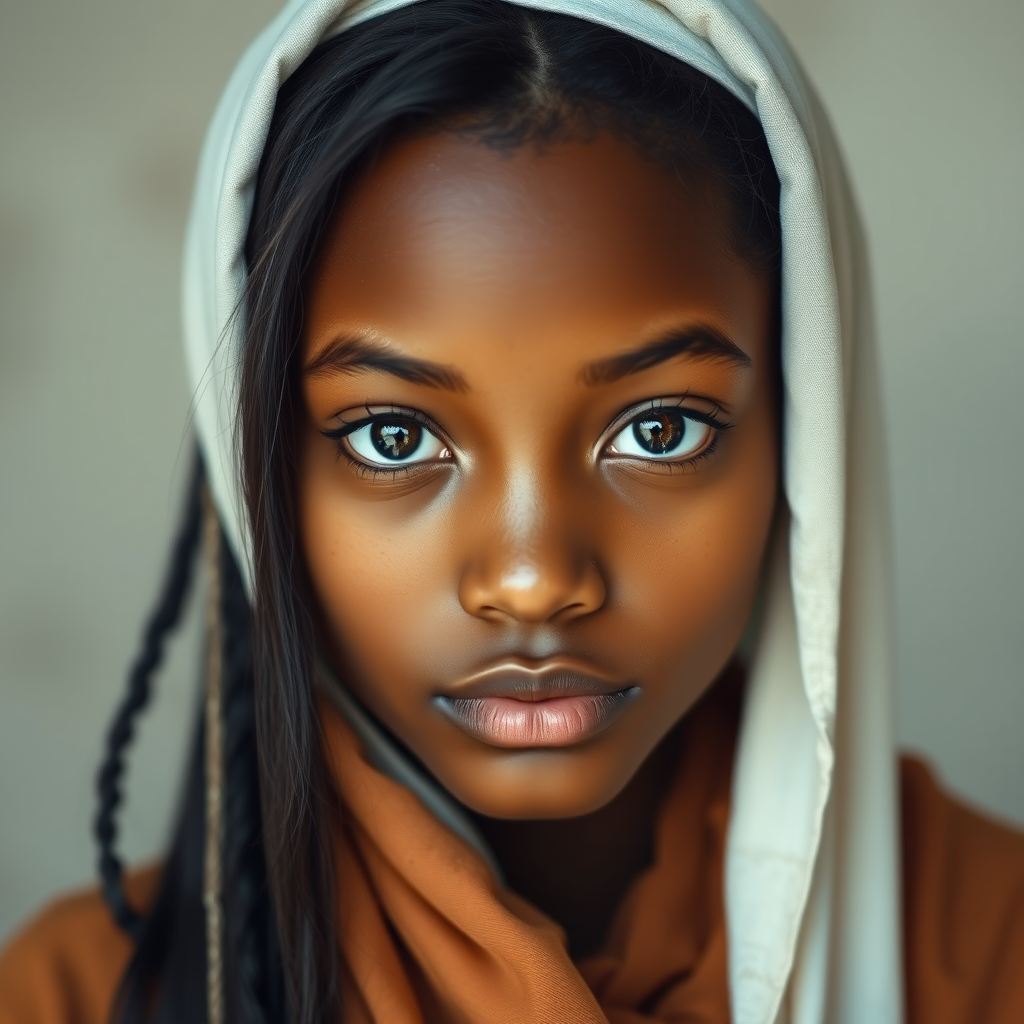 Create a portrait of a young Afro-Caribbean female with long, dark hair and captivating hazel eyes. She is wearing a white headscarf and a matching scarf draped gracefully around her neck. The background is softly blurred, focusing attention on her serene and natural expression. The overall color palette is muted and warm, enhancing the intimate and authentic feel of the portrait.