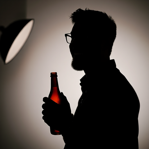 create a high-contrast silhouette portrait of a smiling man with glasses holding a bottle, shot in a well-lit studio with a softbox at f/2.8, 1/200s shutter speed, ISO 100, using a DSLR camera with a 50mm lens at eye level