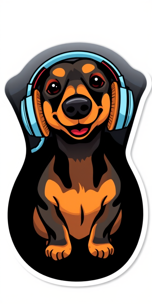this photo is sticker, Happy Colorful Dachshund wearing Headphones, kawaii, contour, vector, black background