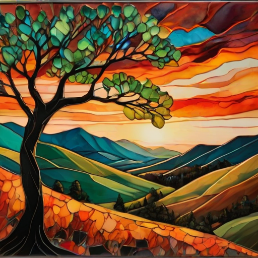 A vibrant abstract painting on Tiffany Glass, blending acrylic and alcohol ink techniques, captures a dramatic sunset over rolling hills. The artwork features a textured, rocky foreground in green and brown, layered abstract hills, and a striking sunset in rich oranges, yellows, and reds. A solitary black tree with intricate branches contrasts against the fiery sky, creating a dynamic and expressive portrayal of a breathtaking natural scene.