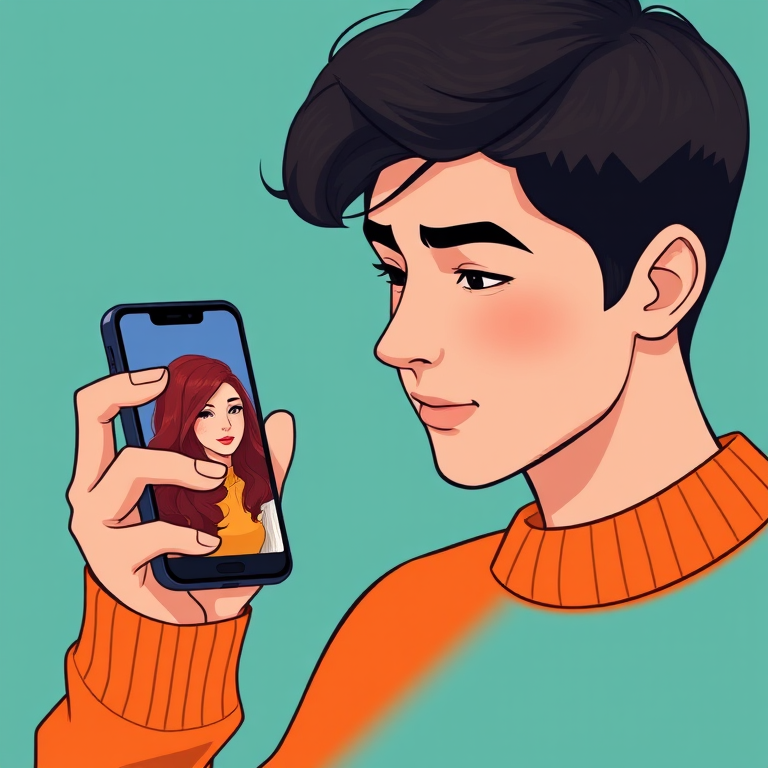 Create an illustration of a young man with dark hair, wearing an orange sweater, looking at a smartphone displaying a woman with red hair, against a solid teal background, captured with a 50mm lens at f/1.8, 1/100s shutter speed, in natural light, using a digital camera for high-quality output.