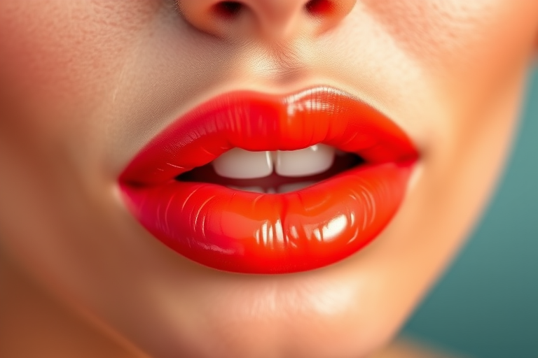 Vibrant coral sunset lips with a glossy finish, named "Tropical Breeze," feature a subtle ombre effect and a plumping formula for a full, luscious appearance