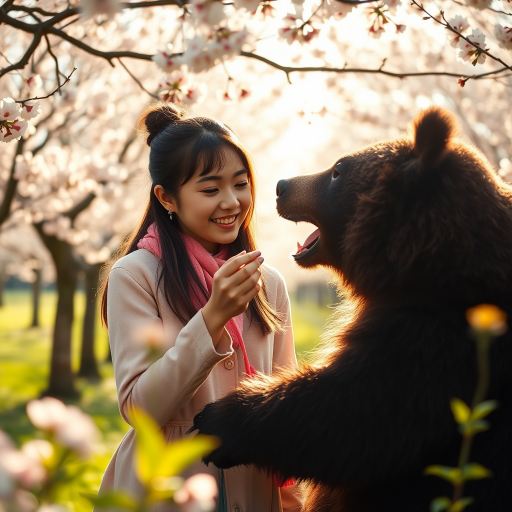 Create a vibrant, high-resolution scene of a young woman feeding a bear in a cherry blossom grove, using a Canon EOS R5 with a 50mm f/1.2 lens, aperture set to f/2.8, ISO 100, and a soft focus background to enhance depth, capturing the warm sunlight filtering through the trees.