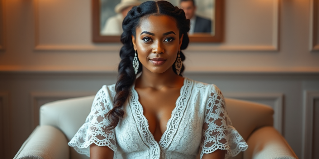 Create a portrait of a refined and elegant Samoan woman seated in a sophisticated setting. She has long, wavy hair styled in two thick braids that are pulled over her shoulders. She wears a white, lace gown with intricate patterns, featuring a deep V-neckline and short sleeves. The dress exudes a vintage charm with its delicate lacework. She is adorned with ornate, dangling earrings that add a touch of glamour to her appearance. The background is softly lit, with warm, ambient lighting that creates a cozy and inviting atmosphere. Her expression is poised and serene, capturing a sense of grace and elegance.