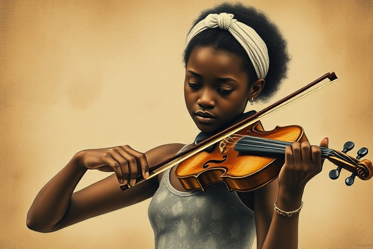 a young African American woman with a white headband playing a violin, in the style of a charcoal drawing, sepia grunge background