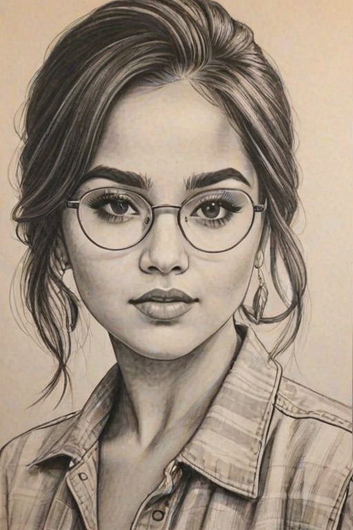Splendid Becky G, pencil sketch, portrait of Pleasing woman 1946s in glasses, hair style beatnik, outline, clear lines, fine lines, 8k