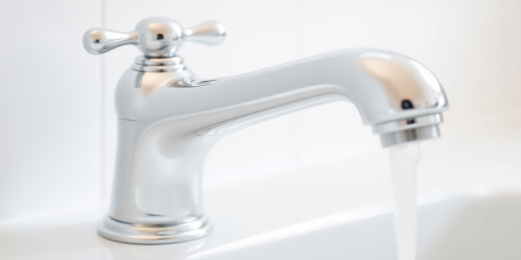 Create a high-resolution image of a shiny white faucet with a classic handle, using a DSLR camera with a 50mm lens, f/1.8 aperture, ISO 100, and a 45-degree angle view, ensuring a clean, minimalistic background for better focus on the faucet's details.