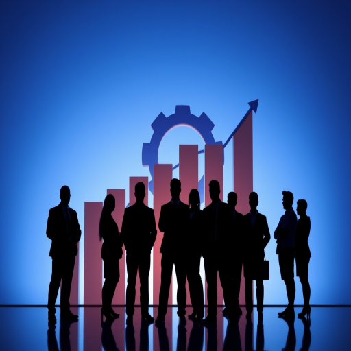 create an image of silhouettes of business professionals in formal attire, standing in front of ascending bar graphs and a large gear symbol, with a gradient blue background, use a DSLR camera with a 50mm lens at f/2.8 aperture, 1/100s shutter speed, and ISO 200 for sharpness and depth of field, capturing a wide-angle view
