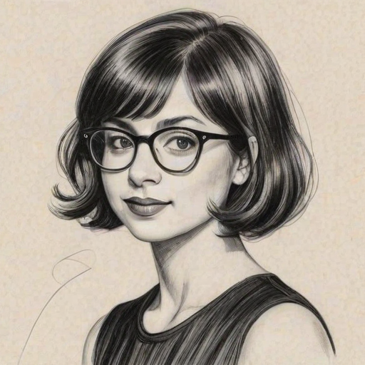 Ravishing Kate Micucci, pencil sketch, portrait of Radiant woman 1930s in glasses, hair style beatnik, outline, clear lines, fine lines, 8k