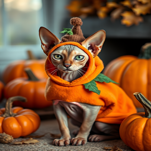 A sphynx cat wearing a pumpkin-themed costume and a small hat, posed in a cozy autumn-themed setting with carved pumpkins, using a DSLR camera with a 50mm lens, aperture f/1.8, ISO 200, natural lighting, shallow depth of field.