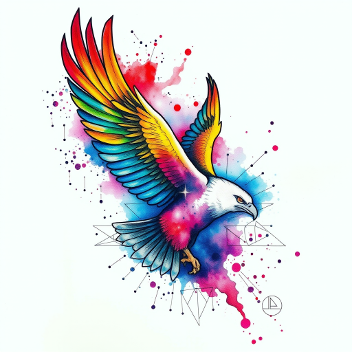 Vibrant watercolor splash tattoo featuring a soaring eagle with rainbow feathers, blending seamlessly into a cosmic nebula backdrop, incorporating intricate geometric patterns and delicate line work for a stunning fusion of realism and abstraction
