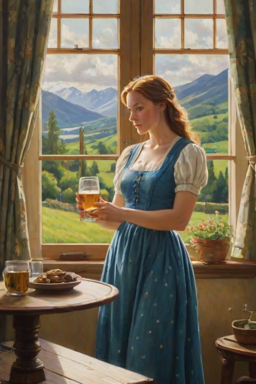 In "A Glass of Beer on the Highland," a serene scene is depicted in a sunlit room where a woman in a vibrant blue dress stands by a large window. She holds a tray with a hearty meal and a frothy glass of beer, embodying a moment of relaxation. Outside, the breathtaking highland landscape features rolling green hills and a charming traditional house, all bathed in warm afternoon light. The interior is adorned with potted plants, creating a harmonious blend of comfort and nature. The painting beautifully captures the tranquility and joy found in simple pleasures amidst stunning scenery