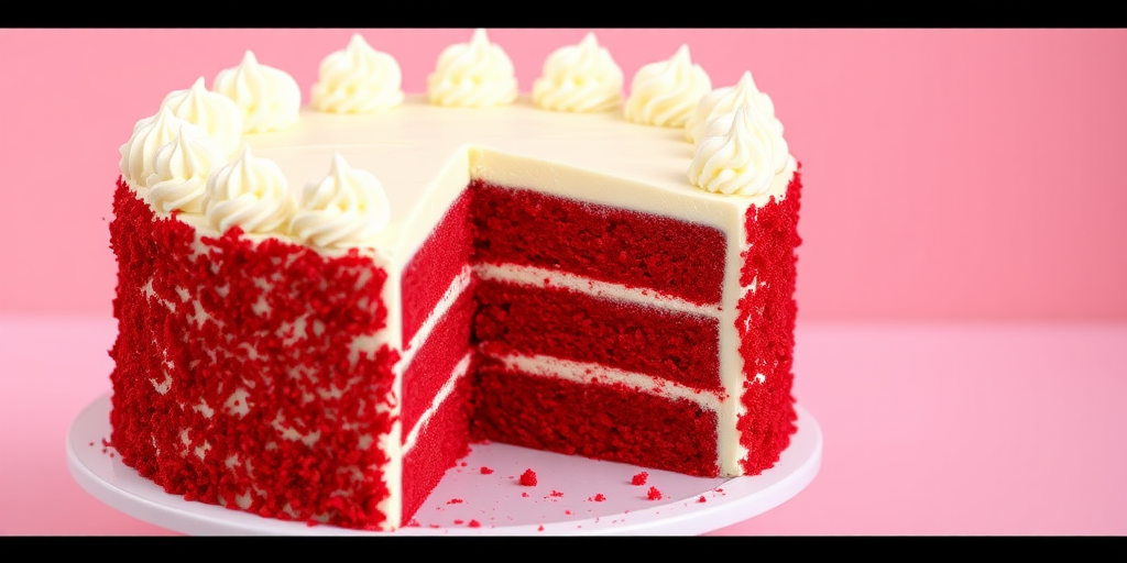 A beautifully decorated red velvet cake with white frosting and piped cream on top, showcasing a slice removed to reveal the layered interior, set against a soft pink background.