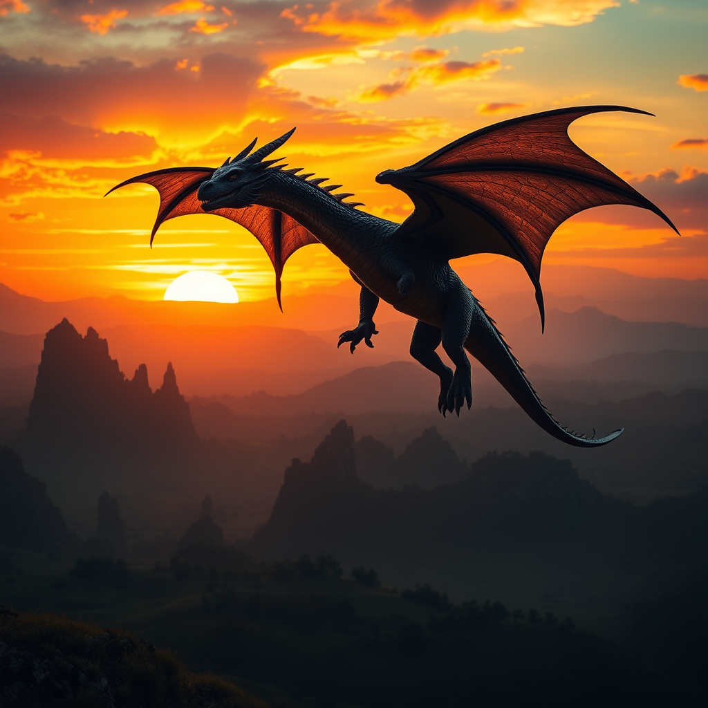 Create a detailed and vibrant image of a fantastical dragon flying over a mystical landscape during sunset, with a 50mm lens at f/1.8 aperture, ISO 200, and a slight vignette effect, using a DSLR camera for high-resolution quality and vivid colors.