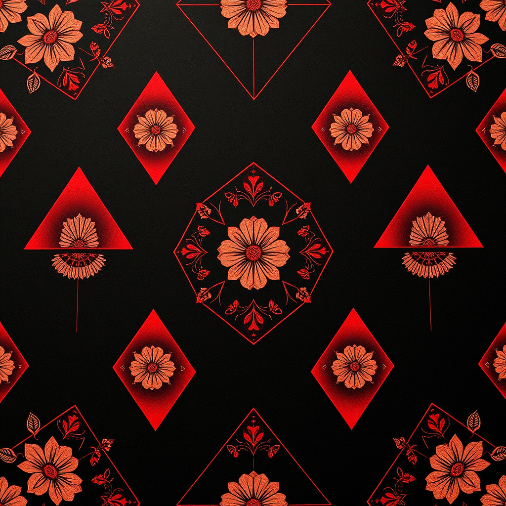 Create a seamless pattern of red triangles with floral designs on a black background, using a Canon EOS R5 camera with a 50mm lens, aperture set to f/8, ISO 100, shot from a high angle for a detailed perspective.