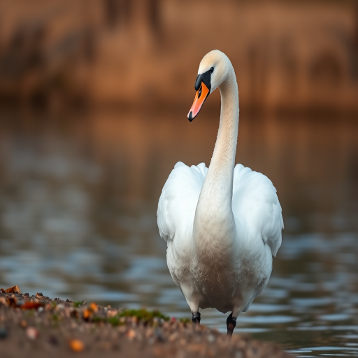 Regenerate the image of a majestic swan standing by the water's edge, captured with a Canon EOS 5D Mark IV, 50mm lens, f/2.8 aperture, ISO 100, shutter speed 1/250s, natural lighting, shallow depth of field for a soft background blur.