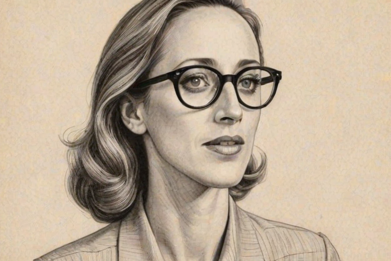 Pleasing Kim Raver, pencil sketch, portrait of Graceful woman 1938s in glasses, hair style beatnik, outline, clear lines, fine lines, 8k