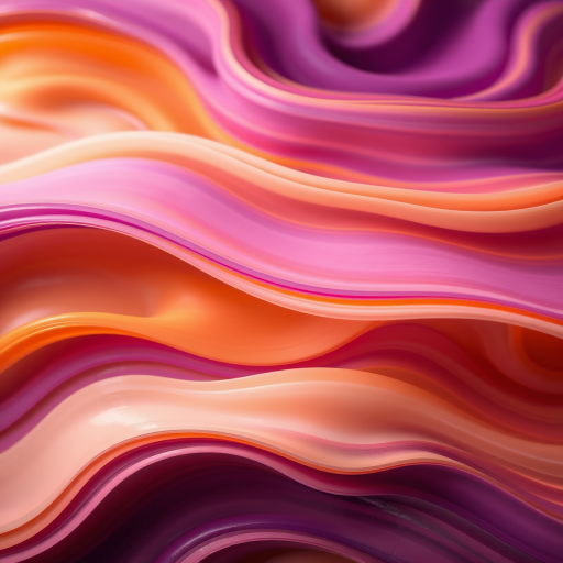 Create a vibrant abstract pattern with flowing waves in shades of purple, orange, and cream, shot with a Canon EOS R5 at f/8, ISO 100, 1/125 sec, using a macro lens to enhance detail and texture.