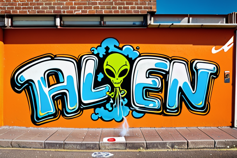 alien holdind a graffiti can blowing smoke cloud with the word spelled out in the smoke