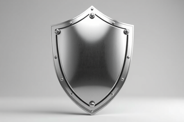 Create a detailed 3D render of a silver shield, high resolution, using a DSLR camera with a 50mm lens, f/2.8 aperture, ISO 100, in a studio setting with softbox lighting to enhance reflections and highlights.