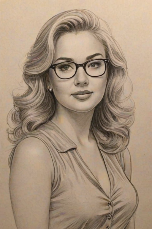 Wonderful Tiffany Thornton, pencil sketch, portrait of Enchanting woman 1946s in glasses, hair style beatnik, outline, clear lines, fine lines, 8k