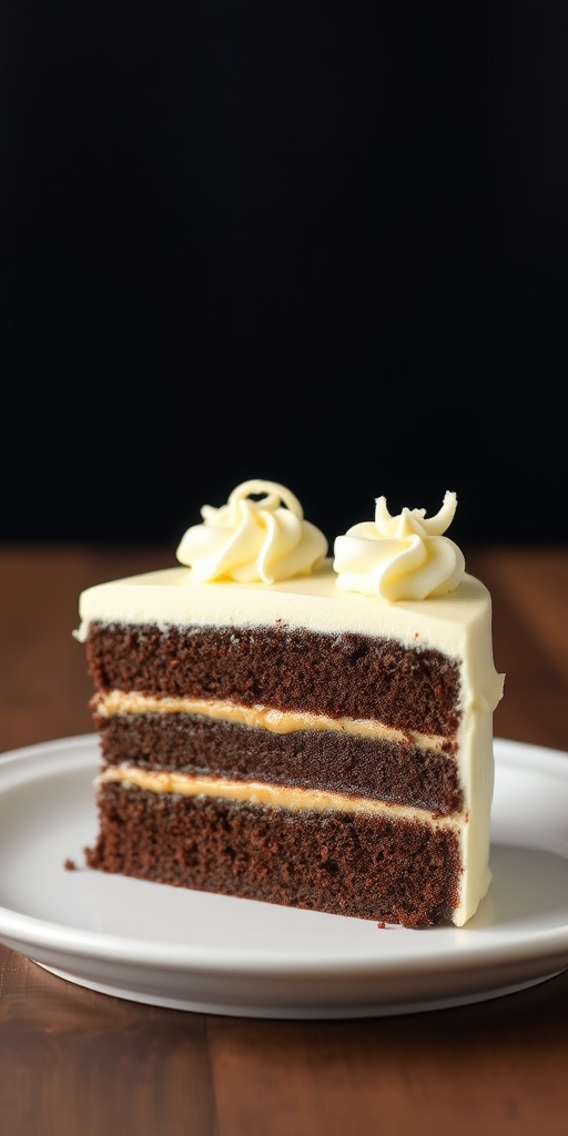 A slice of chocolate cake with multiple layers including dark chocolate ganache and peanut butter filling topped with white frosting and white chocolate curls on a white plate against a dark background.