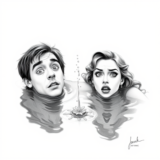 A hyperdetailed photorealistic black and white pencil sketch recreating the iconic scene at the end of Titanic with Jack and Rose floating in the water, only show them making exaggerated funny faces at the camera. Show Rose spitting water at the camera.