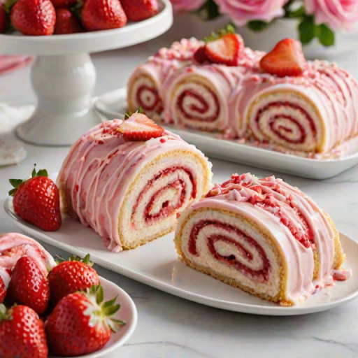 Create a vibrant and delicious dessert display featuring pink strawberry roll cakes. The cakes should be sliced to reveal their soft, fluffy texture and creamy filling, topped with fresh strawberries and a sprinkle of crumbly topping. Arrange the slices neatly on a white platter, with a soft-focus background that enhances the sweetness of the dessert.
