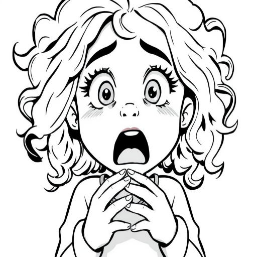 The image is a black and white illustration of a young girl with curly hair. She has a surprised expression on her face with her mouth open and her hands clasped together in front of her chest. Her eyes are wide and her eyebrows are furrowed. Her hair is styled in loose curls that are cascading down her back. The overall mood of the image is one of shock or surprise.