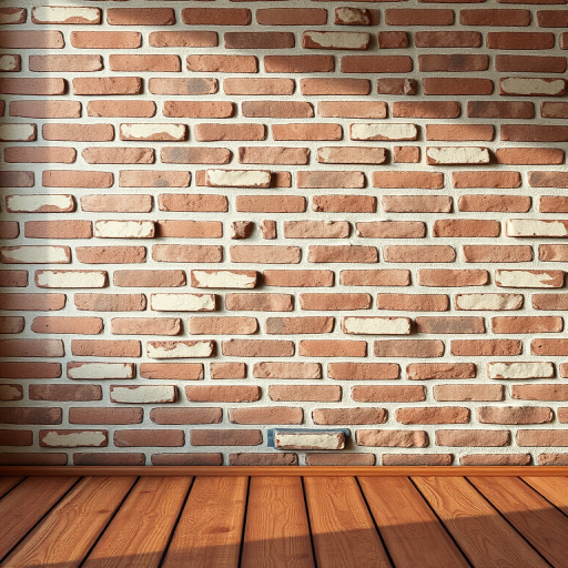 a close-up shot of a rustic red brick wall with textured mortar and a wooden floor, natural lighting, f/4, 1/60s, ISO 200, 50mm lens, DSLR camera, high-resolution image