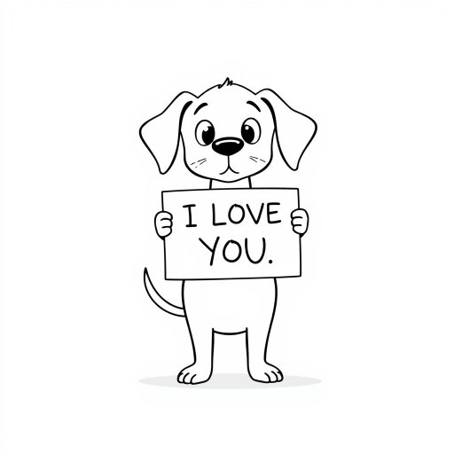 A minimalist cartoon of a PUPPY standing on a blank white background, holding a sign that simply says, 'I LOVE YOU.' The puppy is drawn with just a few lines: big eyes, whiskers, floppy ears, and a straight tail, giving it a comically desperate expression.